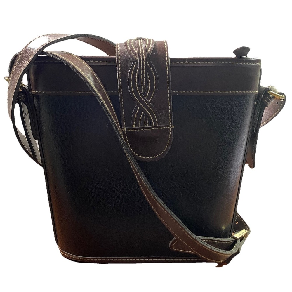 New York Studio Womens Vintage Black W/Brown Trim&Straps Leather Crossbody Purse